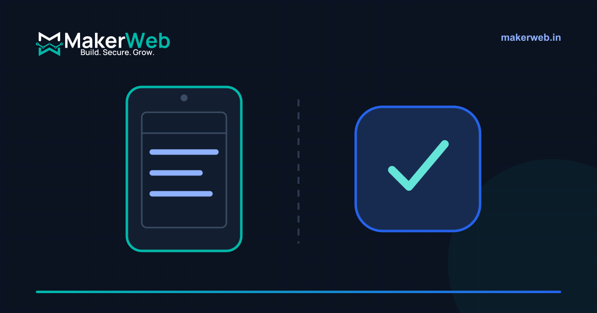 A phone showing a mobile website beside an app store icon on a balance, drawn in MakerWeb brand colours