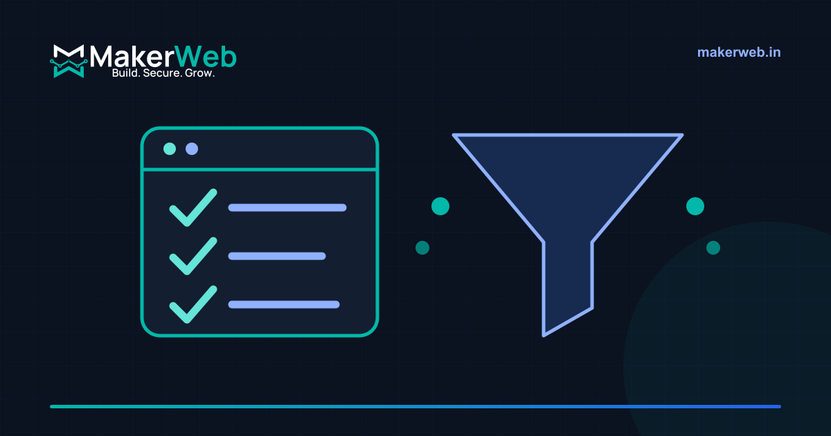 A funnel leaking visitors beside a repaired browser window, drawn in MakerWeb brand colours