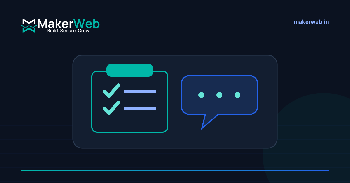 Consultation checklist and chat bubbles in MakerWeb navy, teal and blue