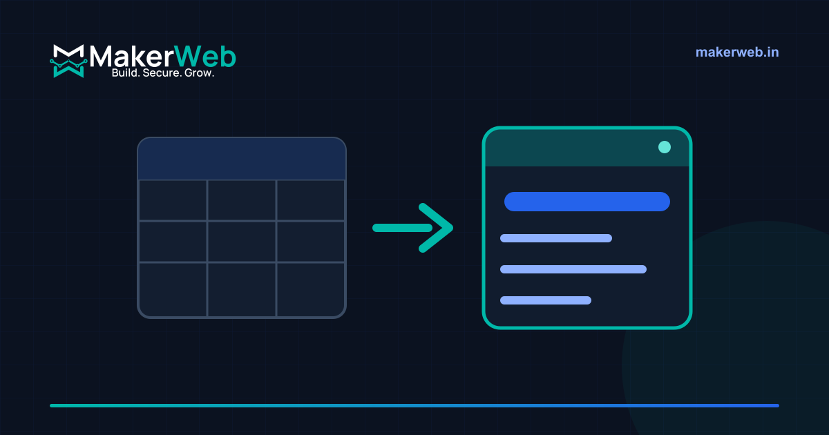 A spreadsheet grid transforming into a structured application interface, drawn in MakerWeb brand colours