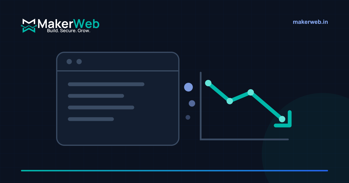A downward revenue line beside a dated browser window, with lost enquiries drifting away, drawn in MakerWeb brand colours