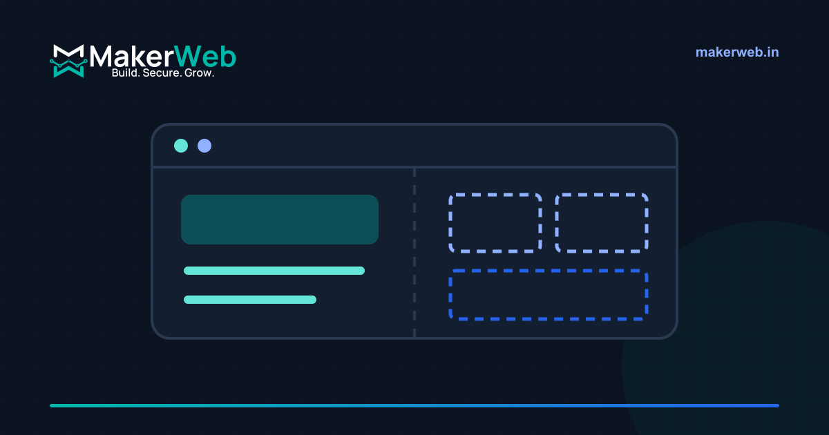 A browser window split between a repainted surface and rebuilt structural foundations, drawn in MakerWeb brand colours