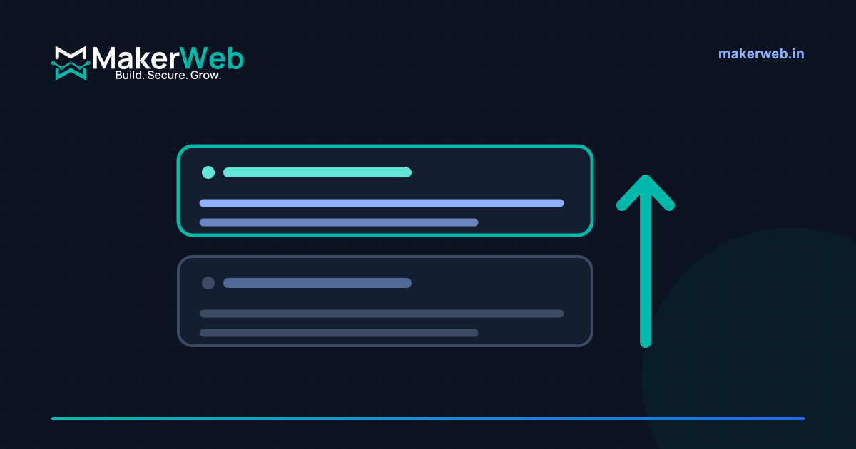 Two search results stacked, one lifted above the other by an upward arrow, drawn in MakerWeb brand colours