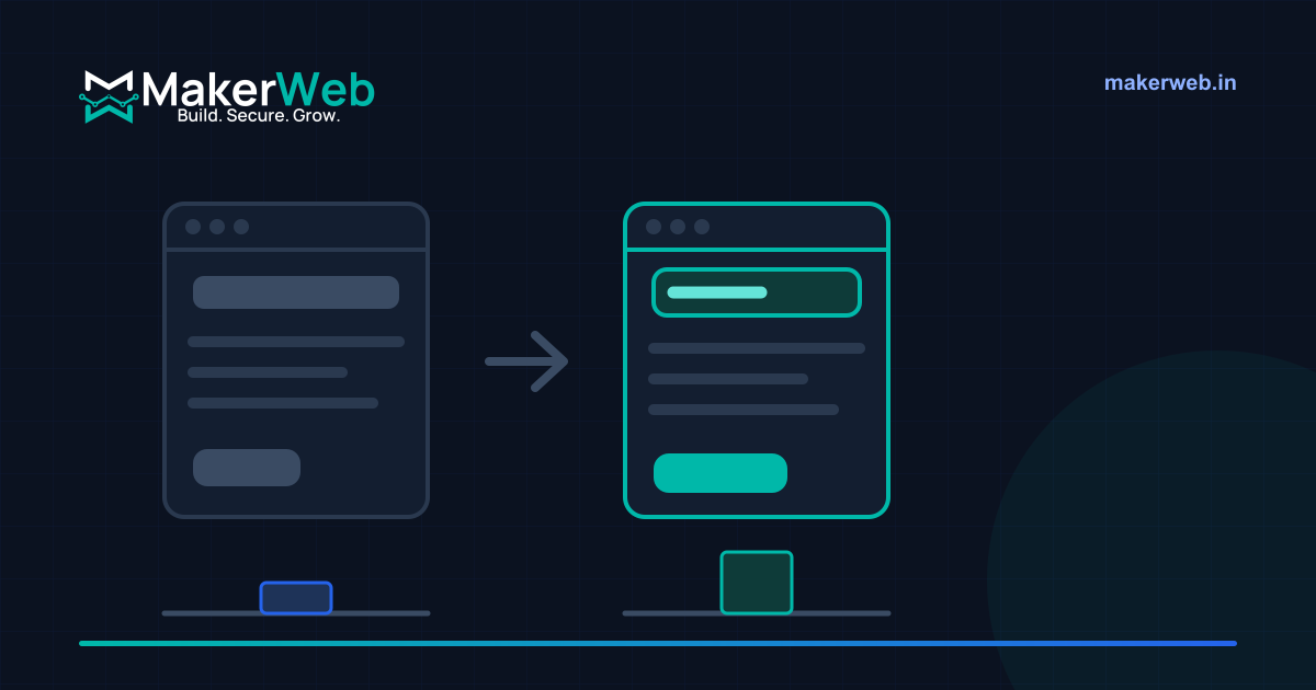 A polished landing page beside a plain offer statement, with the offer carrying the weight, in MakerWeb brand colours