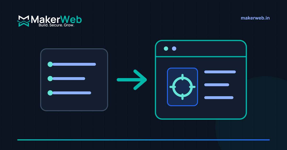 A manual task checklist flowing into a structured custom web application in MakerWeb brand colours