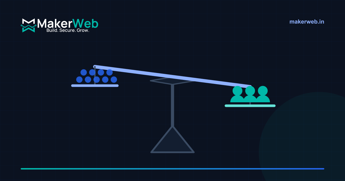 A large follower count on one side of a scale outweighed by a small group of paying customers, in MakerWeb brand colours