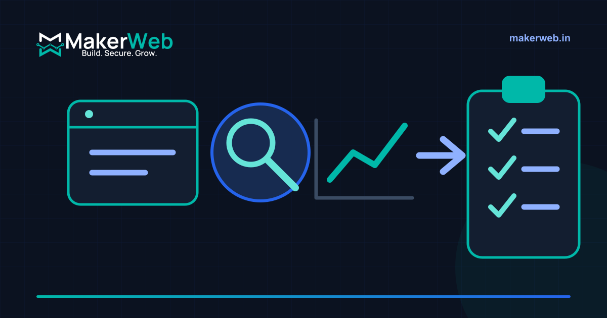 A website, search magnifier and growth chart being reviewed together in MakerWeb brand colours