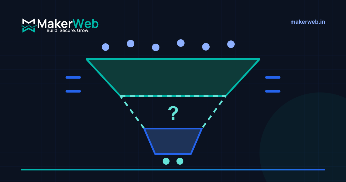 A funnel with a wide top and narrow spout joined by a missing middle section, drawn in MakerWeb brand colours