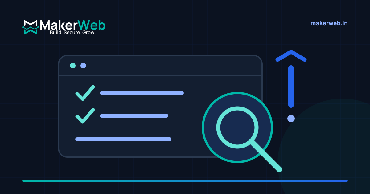 A website checklist being examined through a search audit magnifier in MakerWeb brand colours