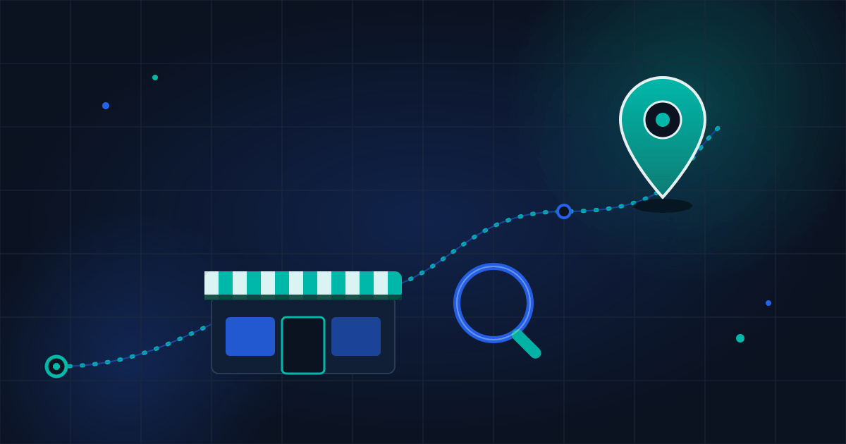 Map pin above a small shopfront with a dotted search path winding toward it, in navy, teal and blue