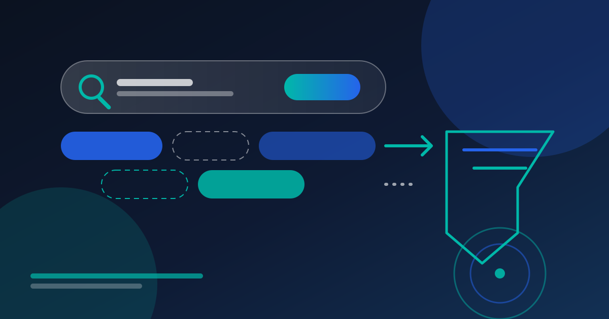 Search bar with mismatched keyword tokens filtering into qualified enquiries, in navy, teal and blue