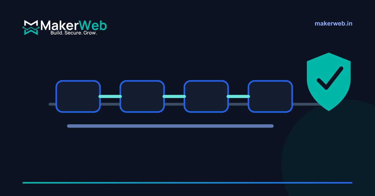 Delivery pipeline passing through a security shield in MakerWeb brand colours